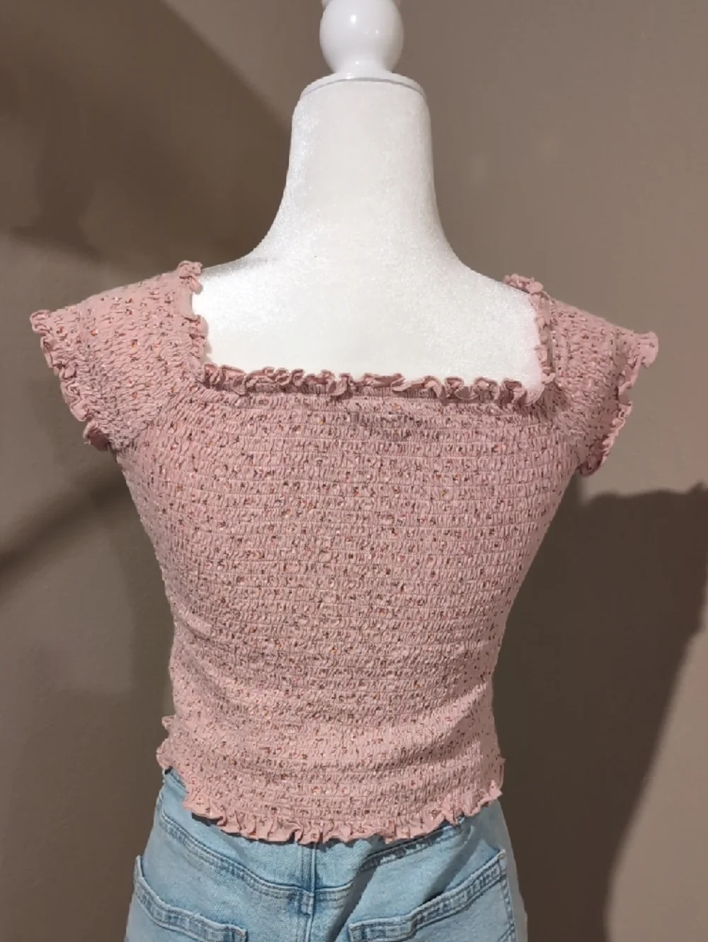 American Eagle Outfitters Blush Pink Smocked Ruffle Crop Top - Picture 6 of 6